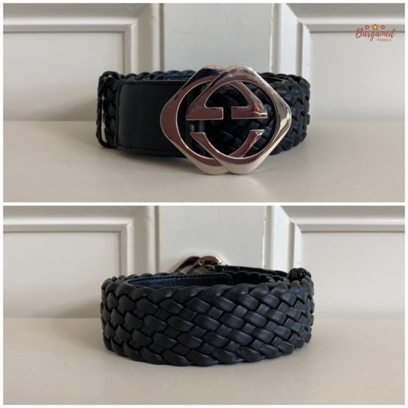 Authentic Gucci Black Intrecciato Woven Leather Interlocking Square G Belt 95/38 - Picture 3 of 13
